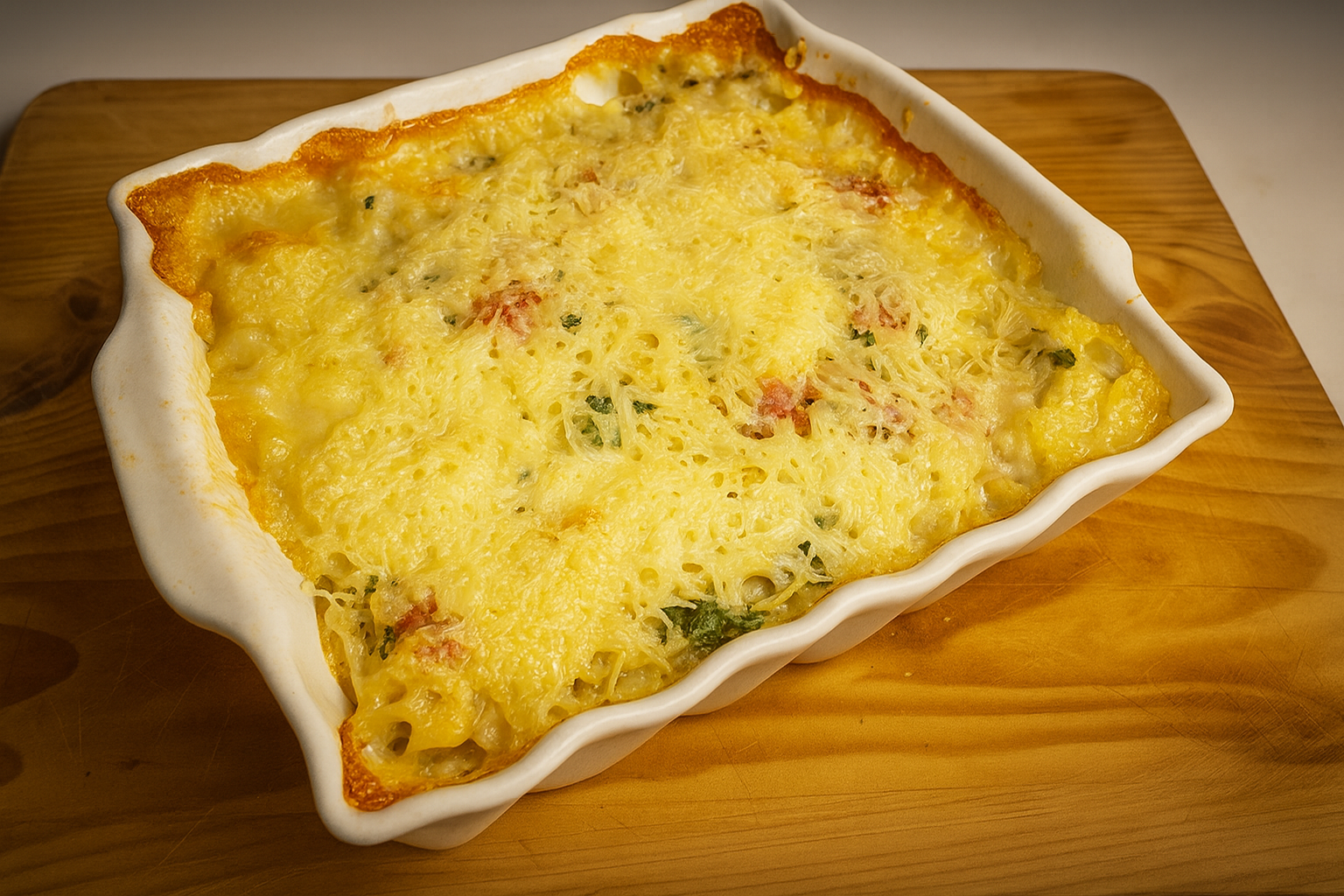 Gratin de crozets à la cancoillotte et aux saucisses dans un plat en céramique blanc, doré et fondant, posé sur une planche en bois.