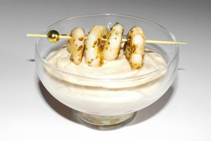 Verrines de rillettes et sa brochette de crevettes