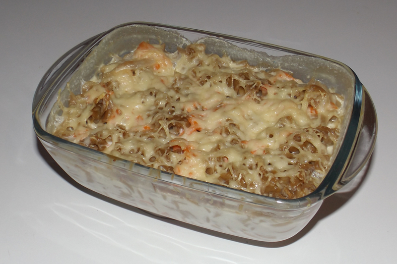 Gratin de pâtes aux cèpes, à la truite fumée et à la cancoillotte