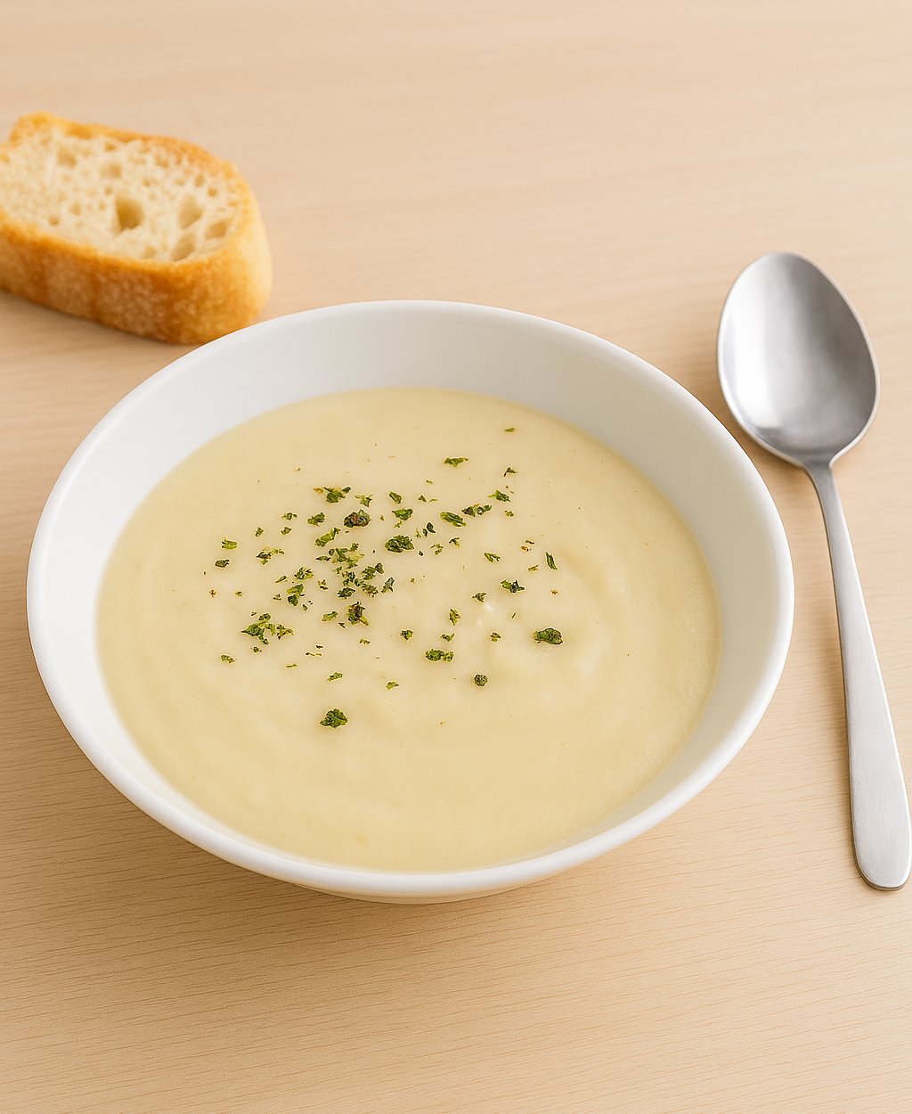 Bol de velouté de chou-fleur à la crème de St-Agur sur une table en bois clair, avec une cuillère et une tranche de pain.