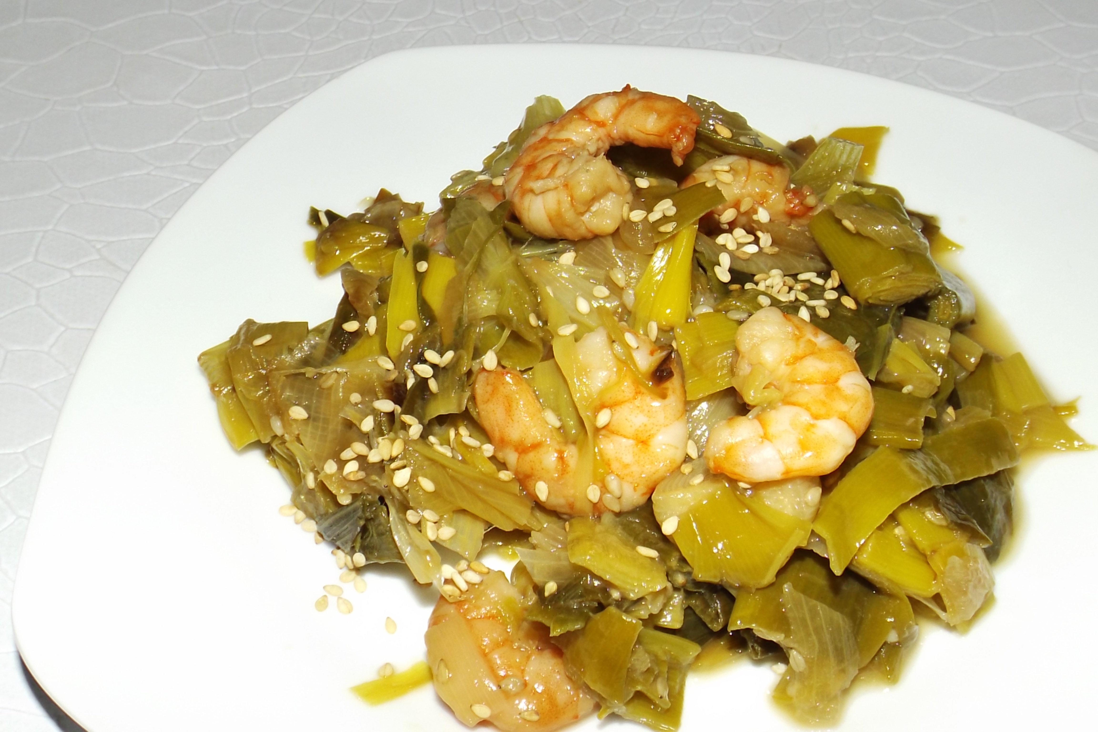 Fondue de poireaux et crevettes à l&rsquo;asiatique