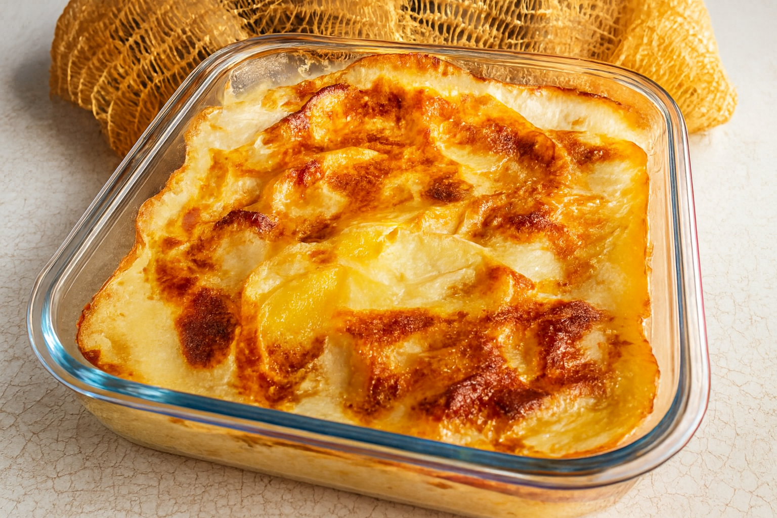 Gratin dauphinois doré dans un plat en verre, avec des tranches de pommes de terre nappées de crème.