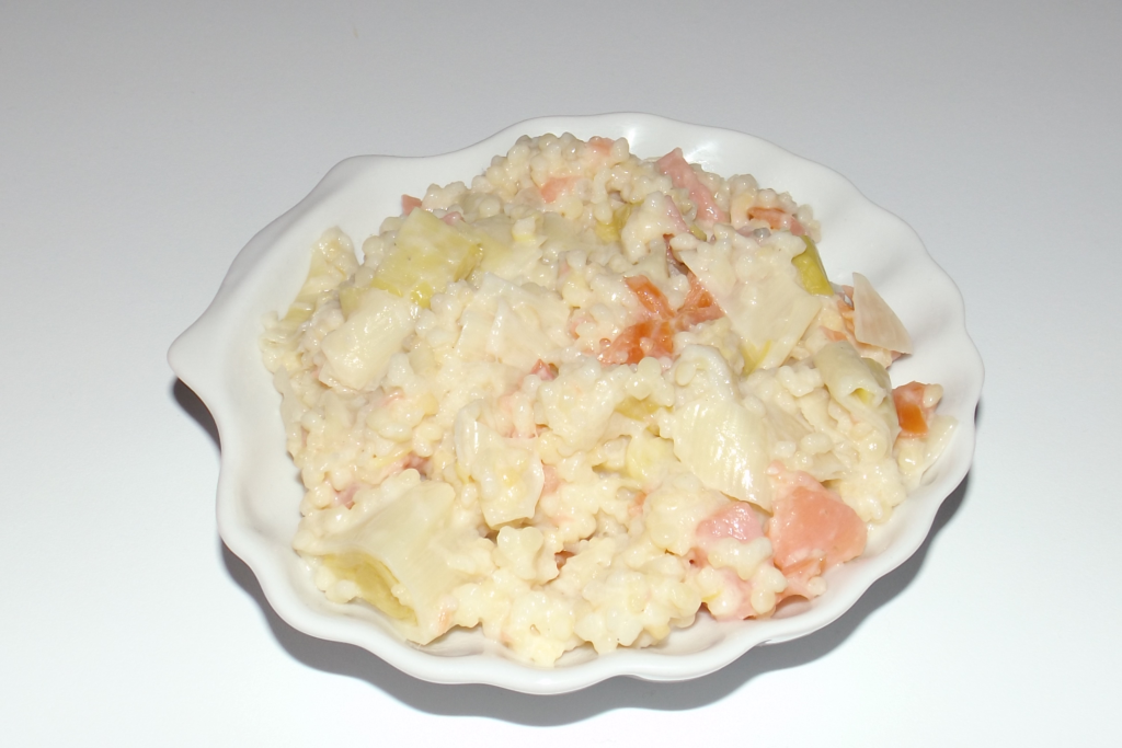 Perles aux poireaux, au saumon fumé et au roquefort