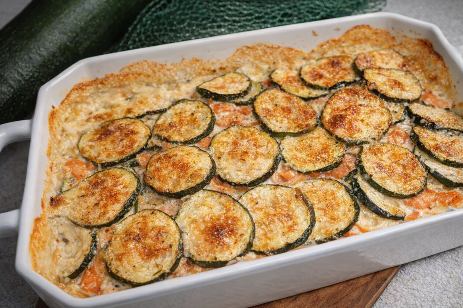 Gratin de courgettes au saumon fumé dans un plat blanc, doré et croustillant sur le dessus.
