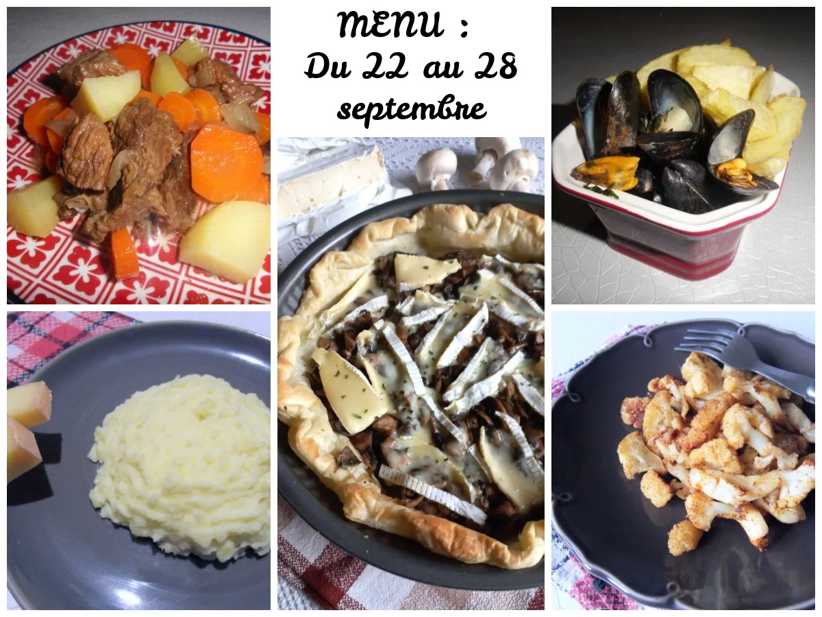 Montage photo de 5 plats du menu de la semaine : un bœuf à la bretonne, une assiette de purée de pommes de terre à la tomme, une tarte parisienne (aux champignons), des moules marinières et du chou fleur en fleurette rôti au paprika.
