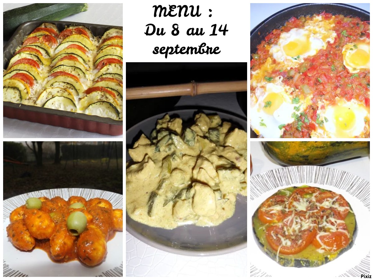 Montage photo de 5 plats du menu de la semaine : un tian de courgettes et de tomates à la mozzarella, des mini quenelles en sauce tomate et pesto rosso, un poulet/courgette au curry et au lait de coco , un chakchouka aux poivrons et œufs et une courget’tarte à la provençale.