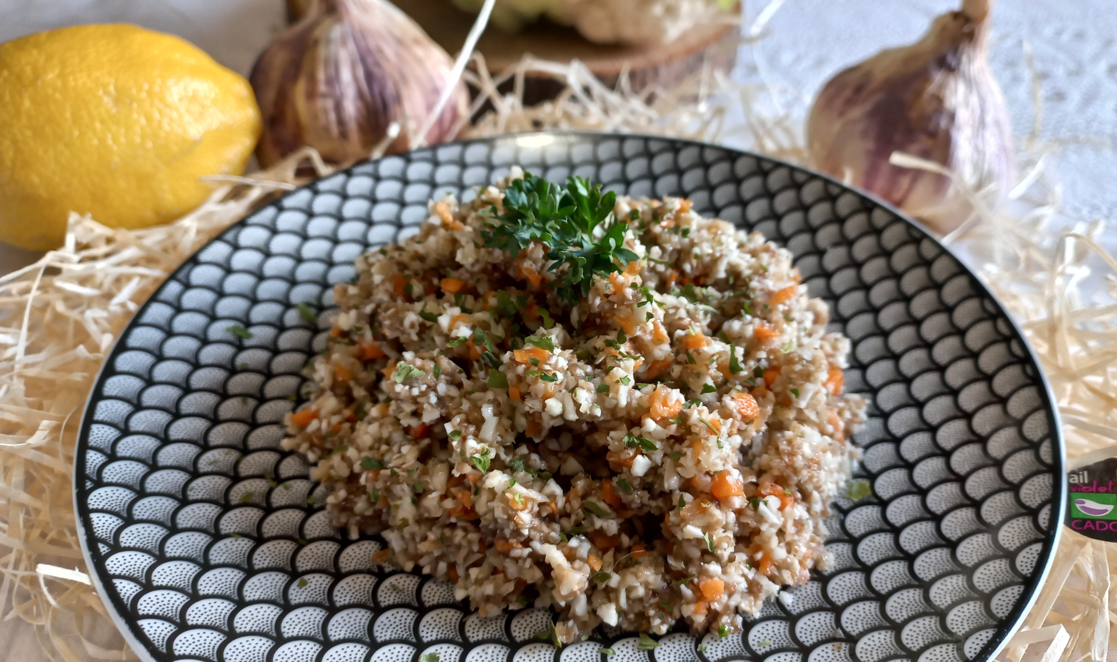Taboulé de chou-fleur cru à l’ail violet de Cadours