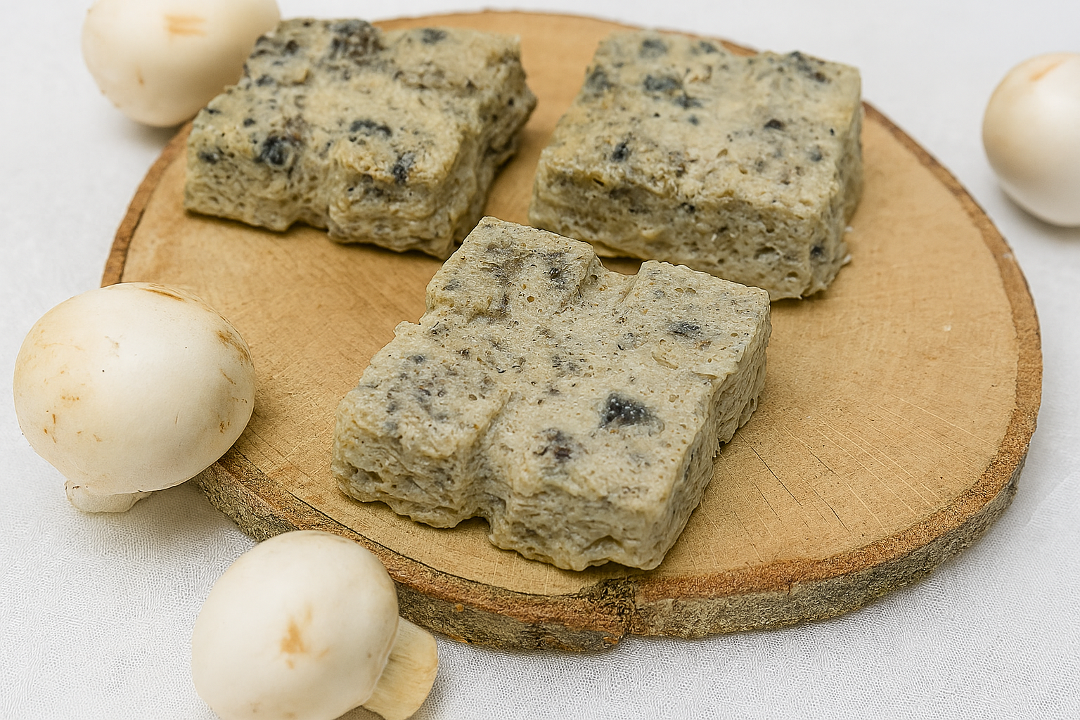 Quatre flans salés aux champignons en forme de cubes, posés sur un rondin de bois, entourés de champignons de Paris frais.