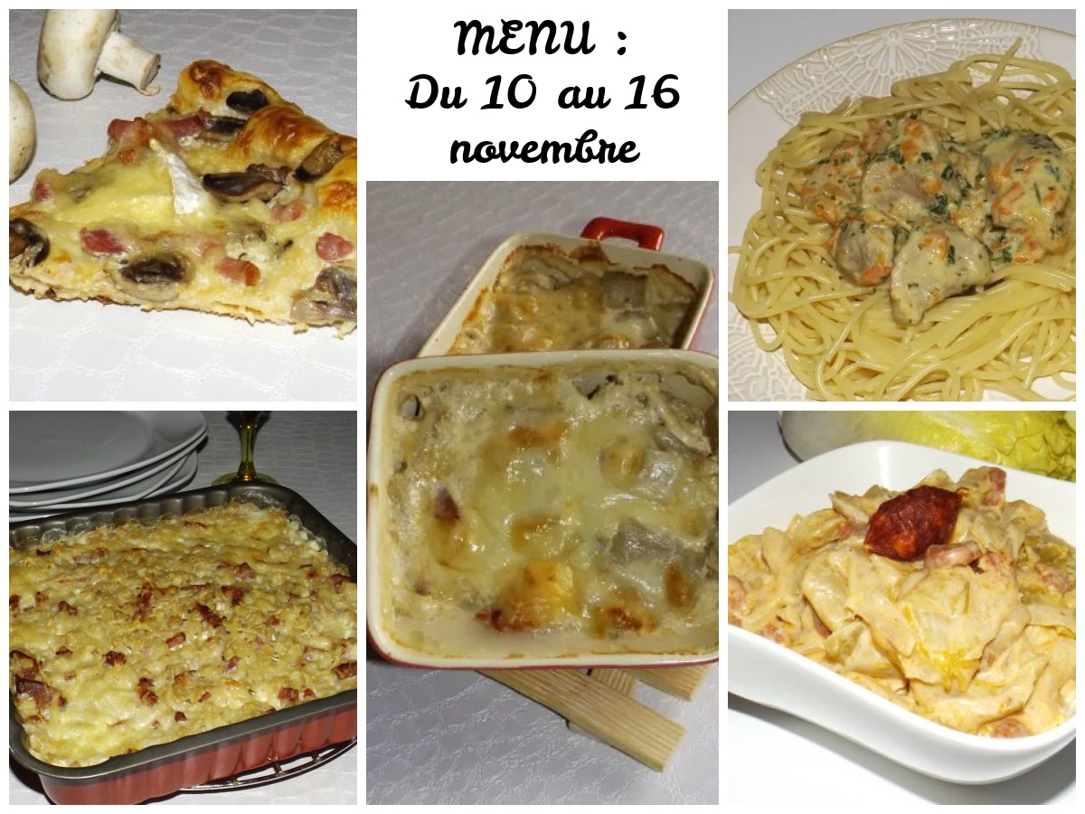 Montage photo de 5 plats du menu de la semaine : une tarte aux champignons, un gratin de crozets, des blettes carbonara gratinés, un sauté de porc aux carotte et des endives braisées au chorizo.