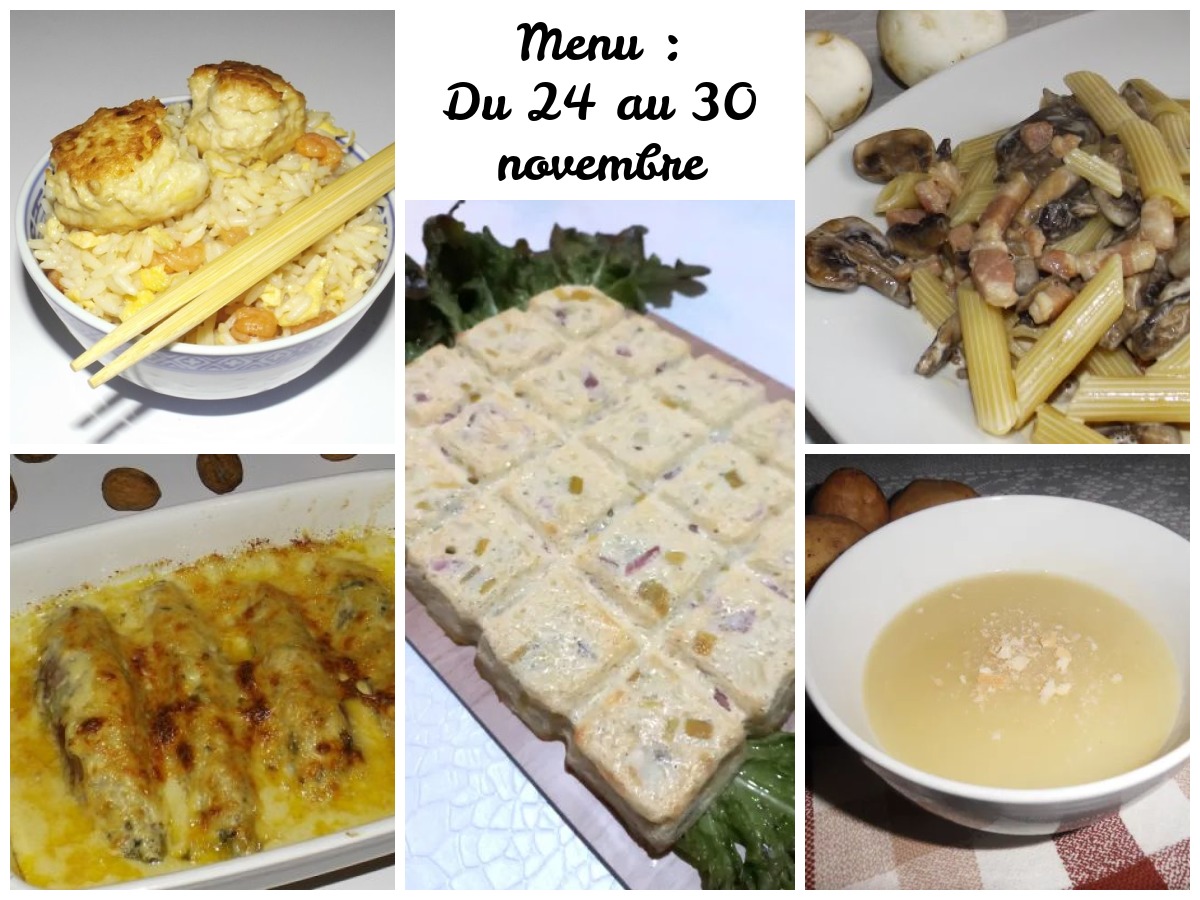 Montage photo de 5 plats du menu de la semaine : des boulettes de poulet japonaises, des endives au jambon de Parme, un clafoutis salé, des pennes carbonara aux champignons et un potage de pommes de terre.