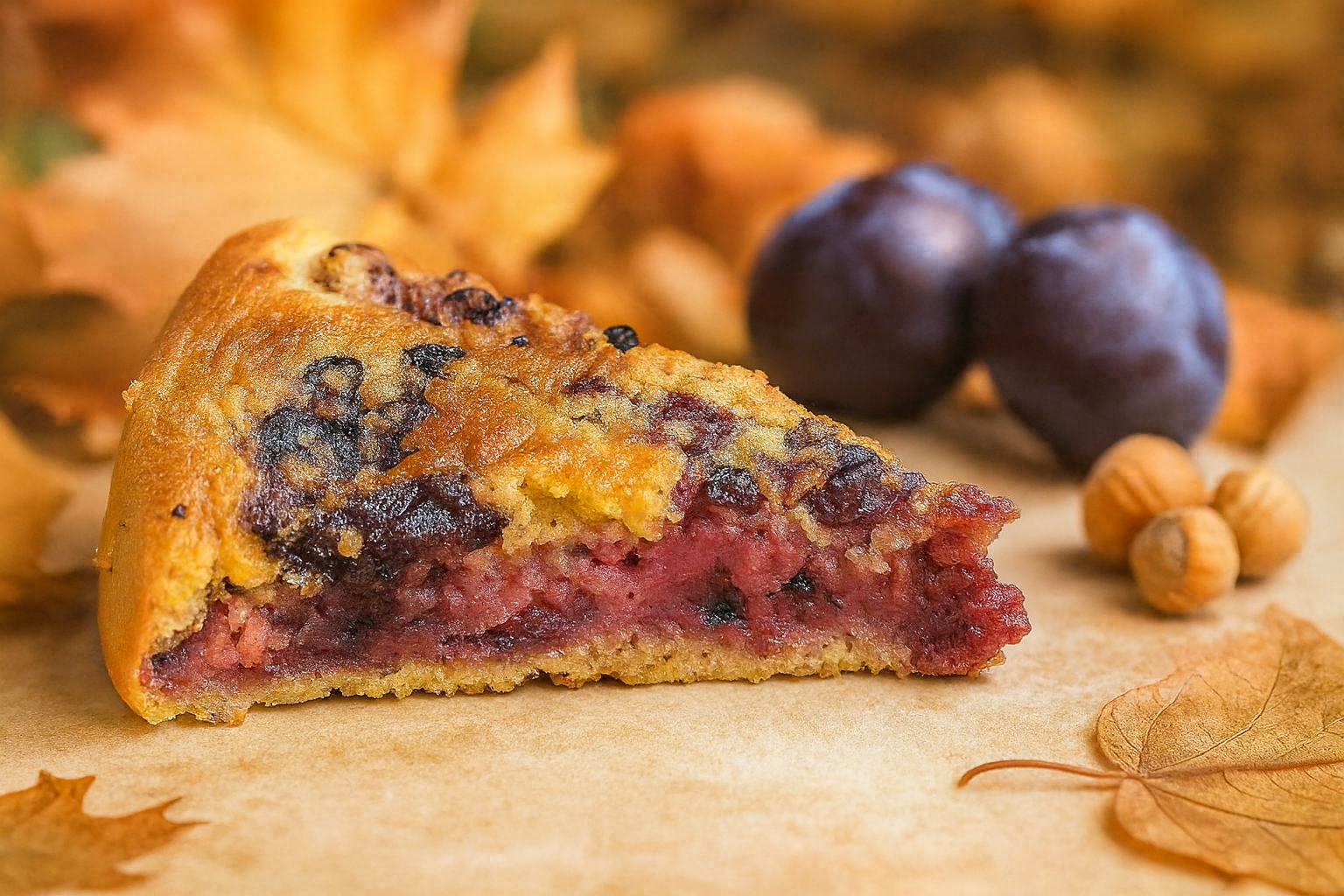 Gâteau crousti-fondant aux prunes et noisettes – Recette automnale
