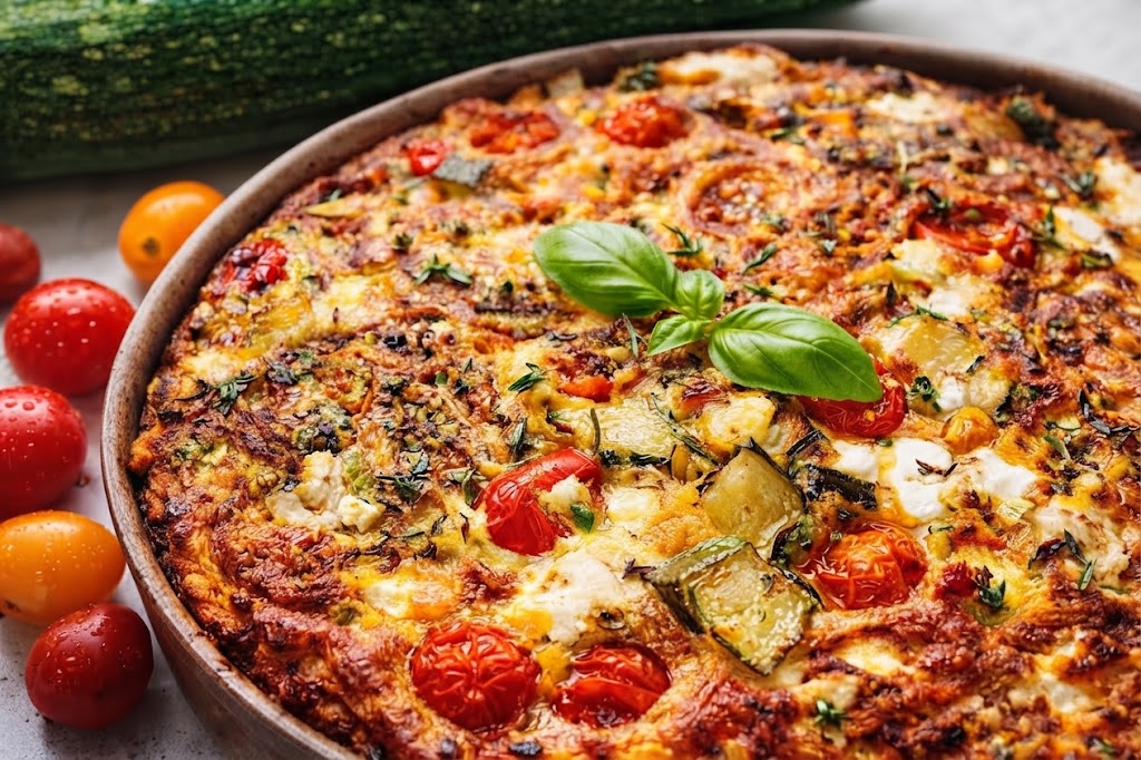 Clafoutis salé aux courgettes, tomates cerises et feta
